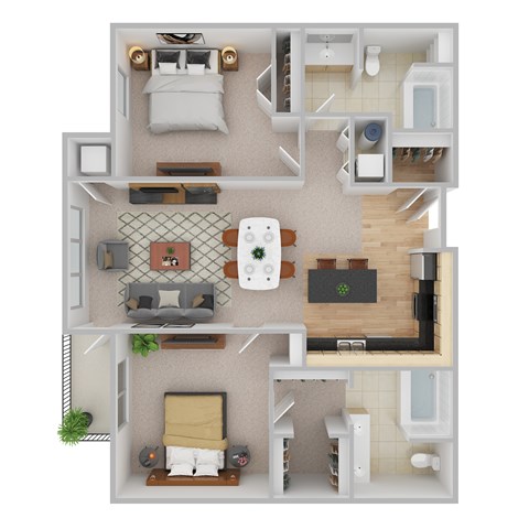 Floor plan for 2 beds, 2 baths, 1222 sqft